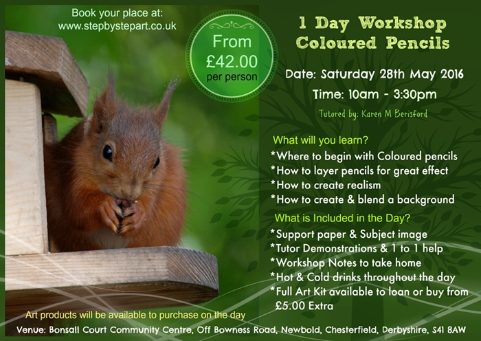 Advert for the Red Squirrel 1 Day coloured pencil art workshop in chesterfield, derbyshire tutored by Karen M Berisford