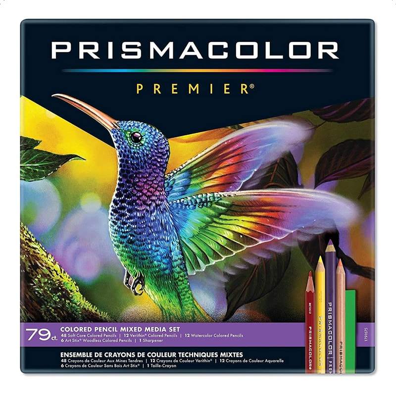 Prismacolor box set Mixed media, including coloured pencils and pastels (Hummingbird cover design)