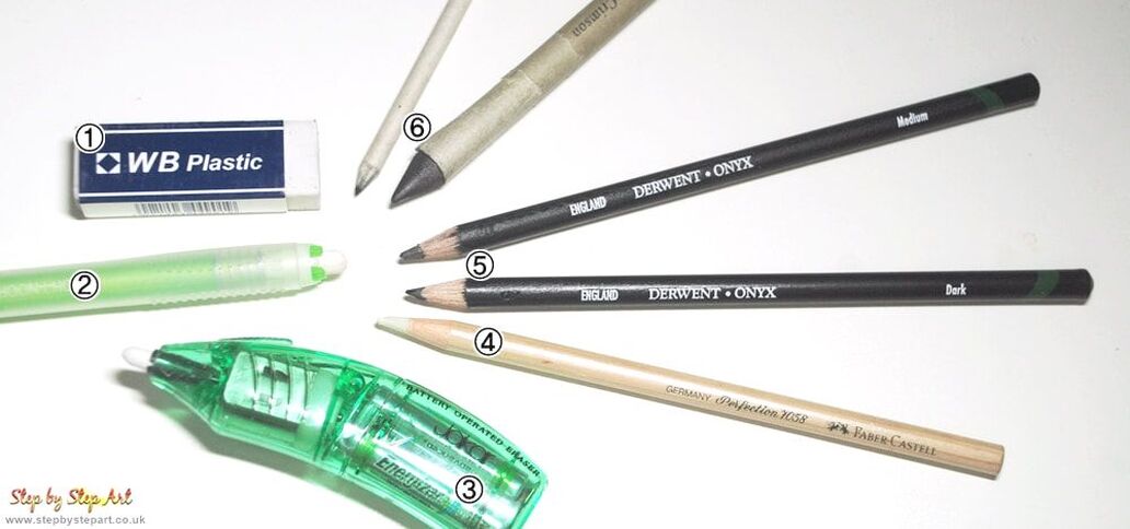 graphite pencil accessories; erasers, derwent onyx pencils, paper blenders, battery powered eraser and faber castell pencil eraser
