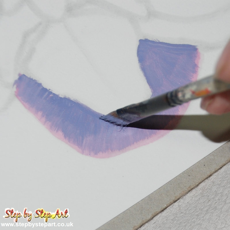 Applying a lilac tone to the sepal of a pink orchid acrylic painting