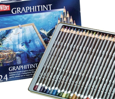 Derwent graphitint water soluble pencils in a tin