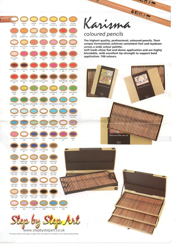 A 108 Karismacolor coloured pencil chart and images showing the 12, 24, 36, 72 & 108 pencil sets available.