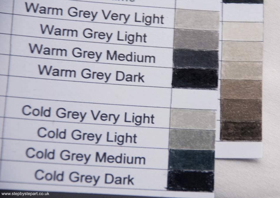 Berol Karismacolor pencils - Colour charts comparing old greys (Warm & Cold) versus latter French Grey tones