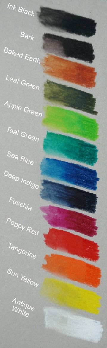 Colour chart for the tin of 12 Inktense pencils plus the Chinese white pencil which is NOT included in this set