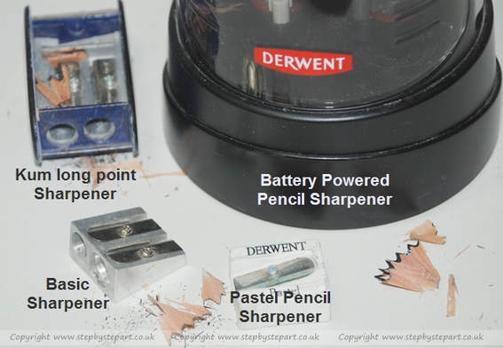 Pencil sharpeners including derwent electric, Kum long point sharpener, derwent pastel pencil sharpener and double metal sharpener
