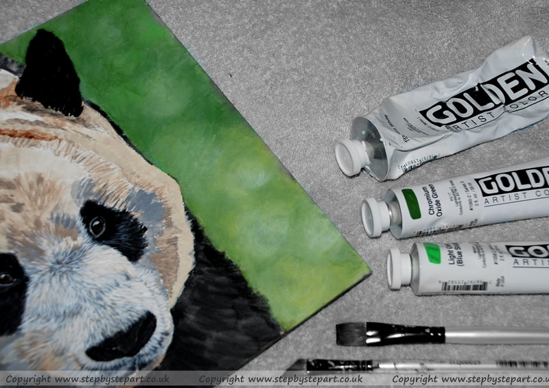 Giant Panda painting and green tonal background with GOLDEN Heavy Body Acrylics