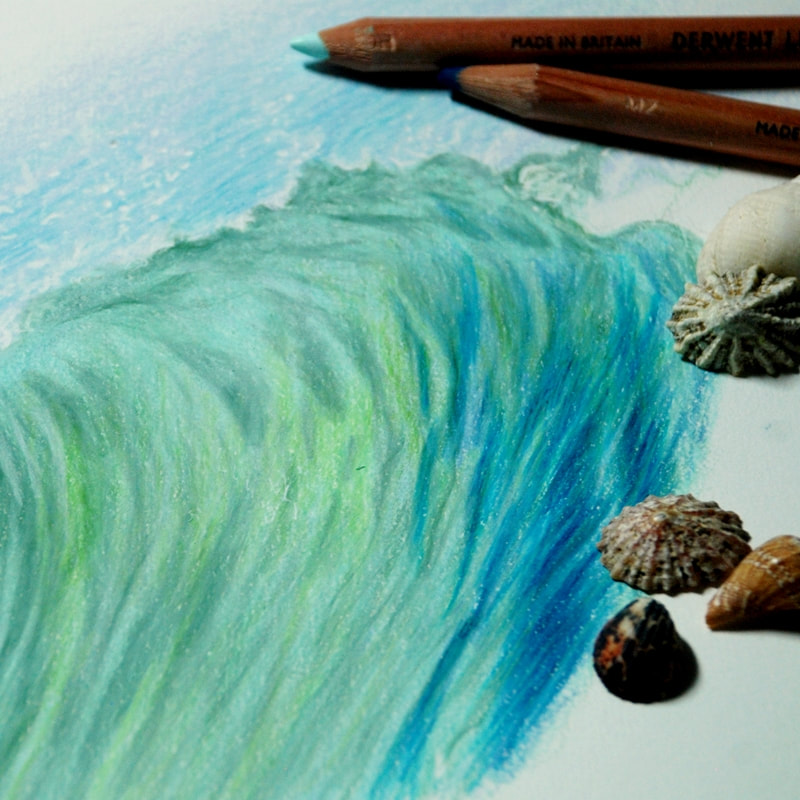 Waves drawn in Derwent Lightfast coloured pencils - mini tutorial