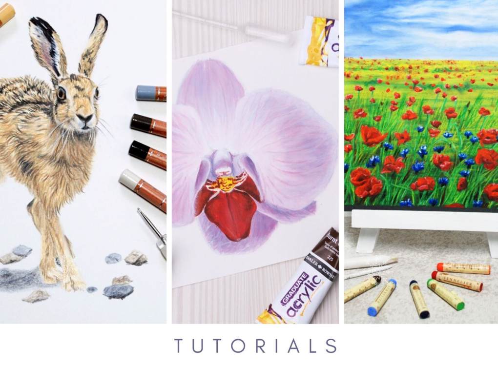 advert for tutorials including acrylics, oil pastels and coloured pencils