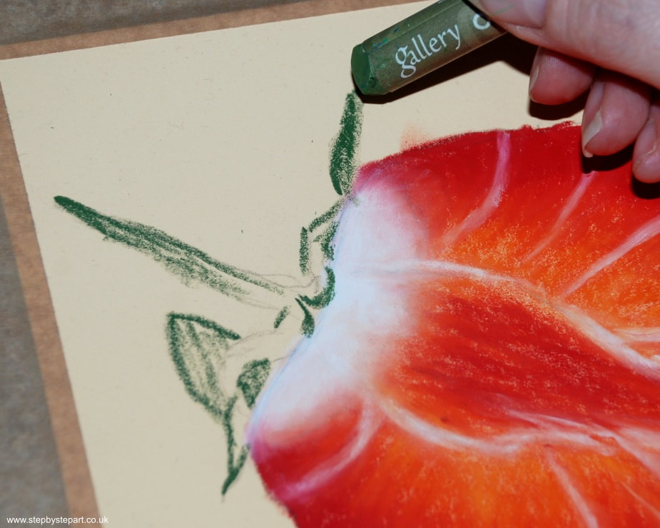 Applying a Olive green oil pastel over the green stem of a Strawberry drawing
