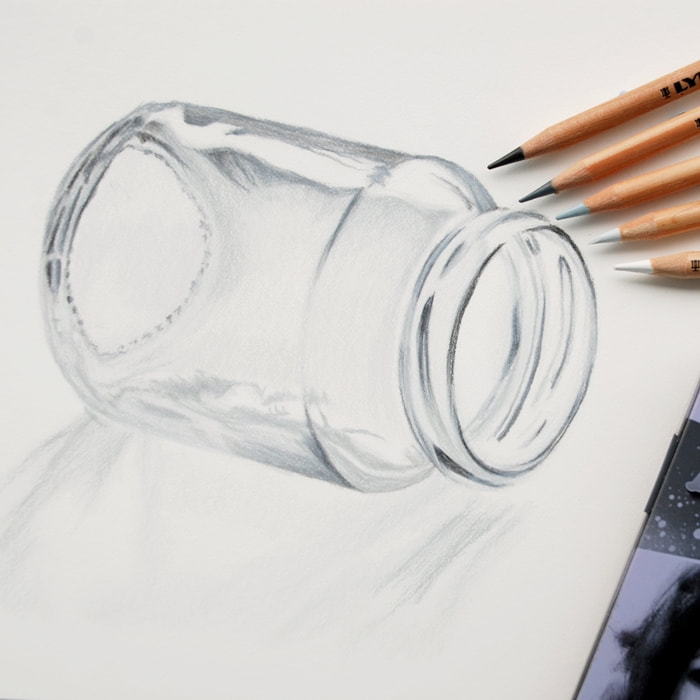 Glass jar coloured pencil drawing for an art tutorial using Lyra profi-plus pencils