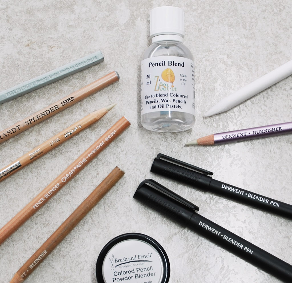 Blending products for use with coloured pencils: Derwent, Carn d'Ache, Prismacolor and Lyra blender pencils, Derwent blender pens, Zest-it pencil blend