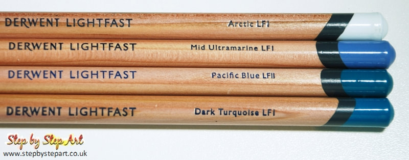 Derwent Lightfast blue pencils Arctic, Pacific Blue, Mid Ultramarine and Dark Turquoise