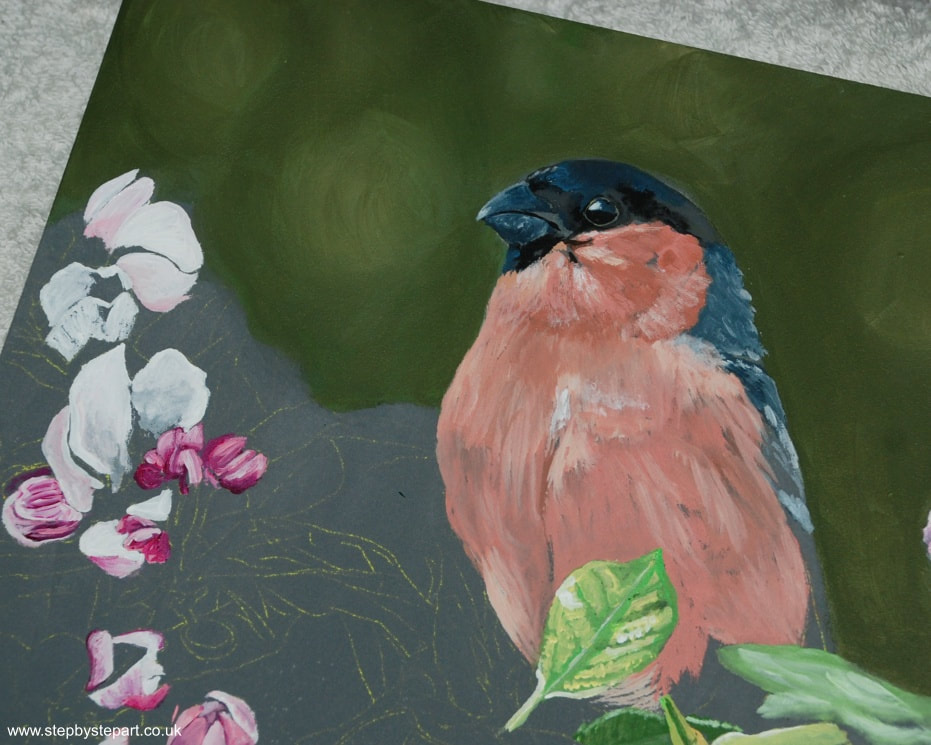Bullfinch bird on Cherry Blossom acrylic painting on grey Ampersand Pastelbord