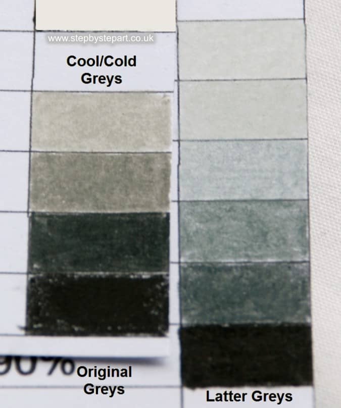 Berol Karismacolor pencils Cold greys older colours versus latter cool greys colour charts