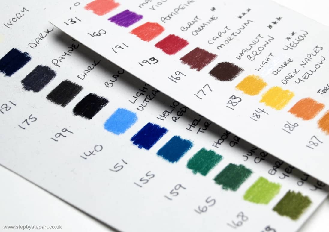 Colour charts of Faber Castell PITT pastel pencils on Pastelmat paper
