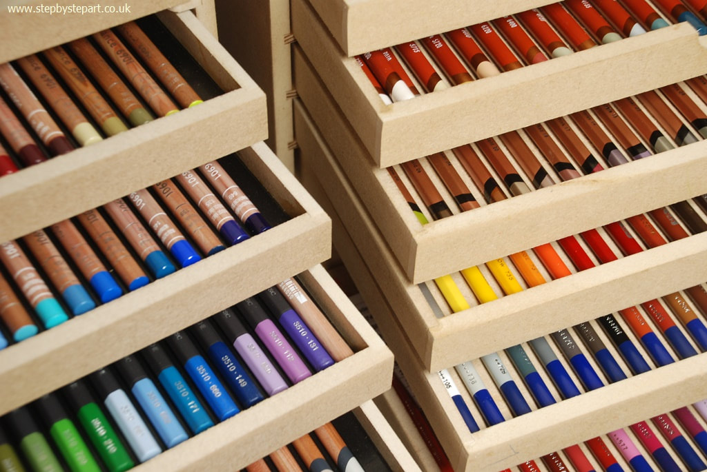 Coloured pencil brands including Caran d'Ache, Derwent and Royal Talens displayed in the pencil storage rack for 250 pencils - KX Rack Creations by Rod