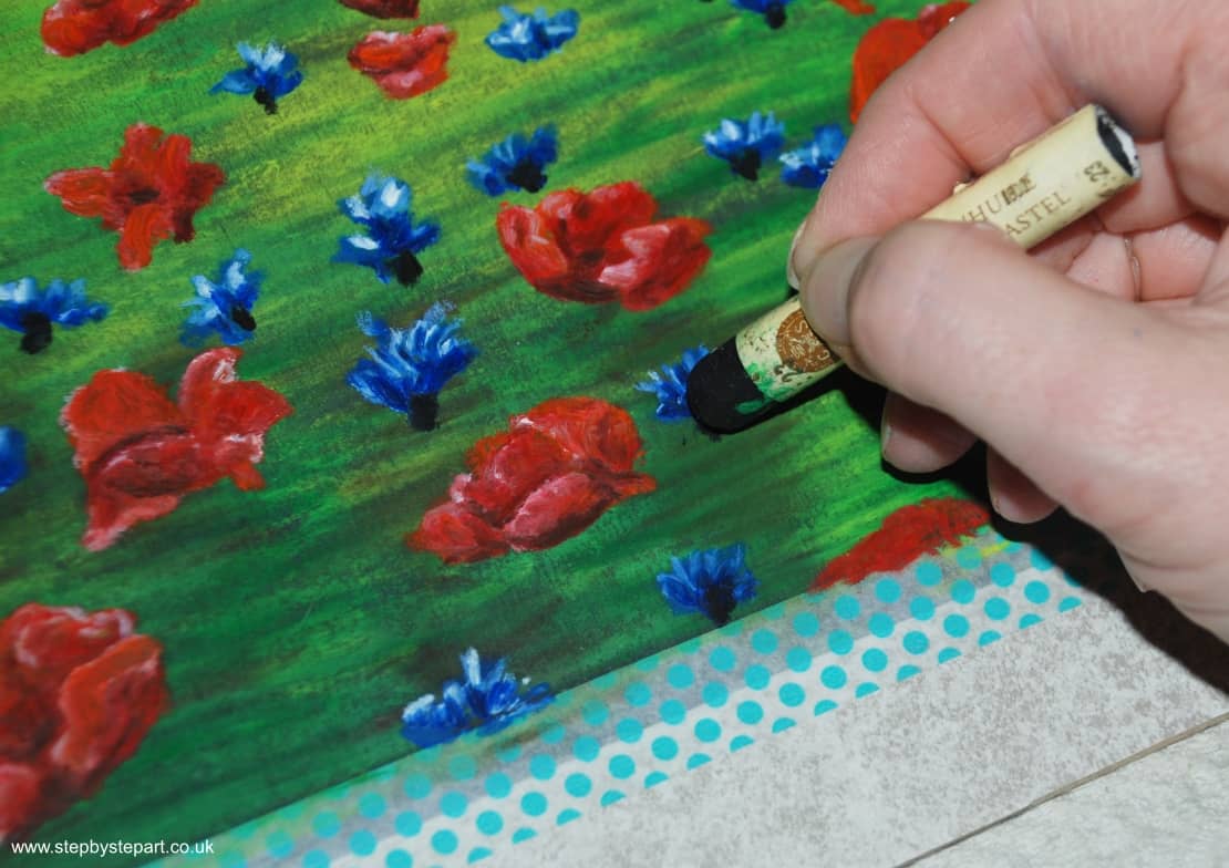 Creating the sepals on the cornflowers using the Black Sennelier oil pastel