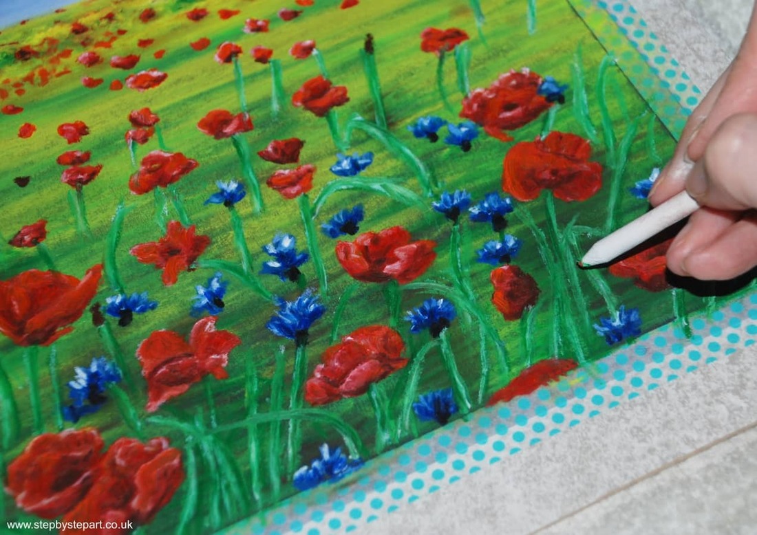 Creating the stems of the poppies using green Sennelier oil pastels