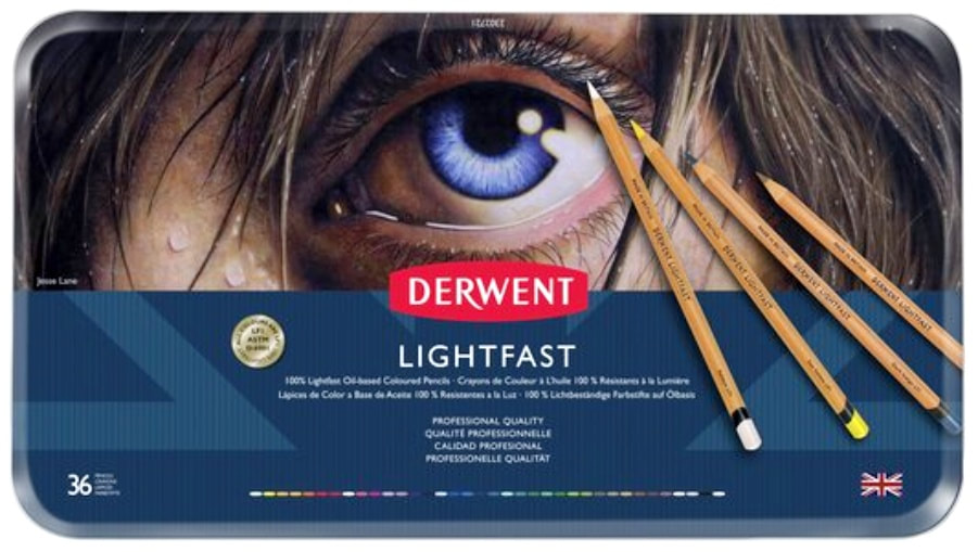 Derwent Lightfast front of tin of 36 colours