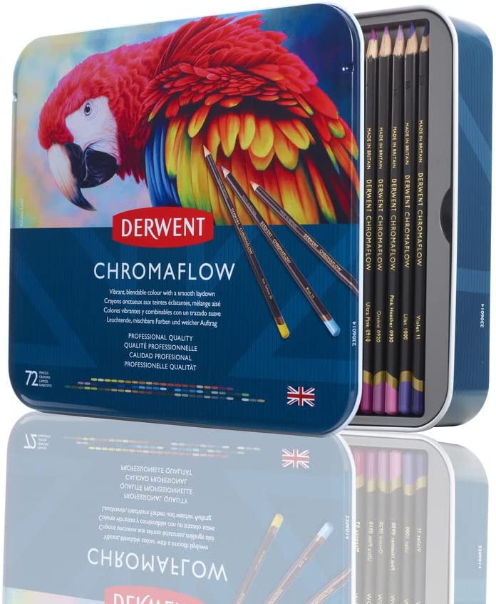 Derwent Chromaflow coloured pencils in a metal tin of 72 colours