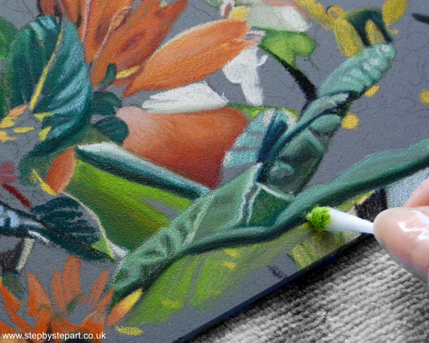Blending coloured pencils on Pastelbord using Zest-it pencil blend