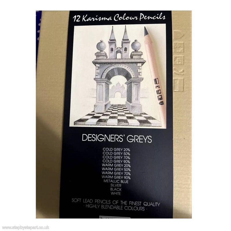 Photo of a 12 box set of Berol Karismacolor pencils Designer greys set. Made in England, UK