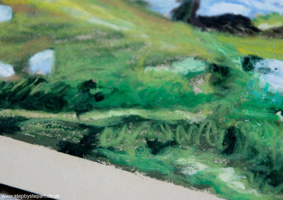 A close up of the detail in an oil pastel painting completed using the Sennelier oil pastels. Depicts a painting of the Sycamore Gap in Northumberland, UK