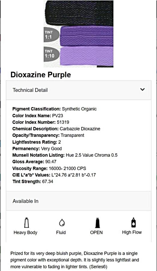 Dioxazine Purple GOLDEN heavy body acrylic paint technical details