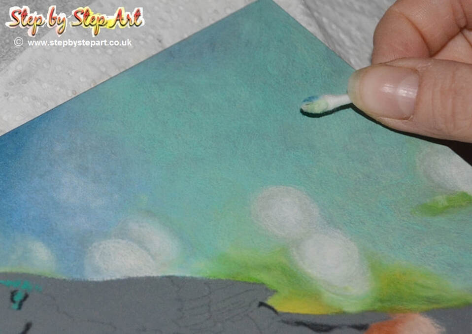 blending the zest-it pencil blend on ampersand pastelbord with cotton bud