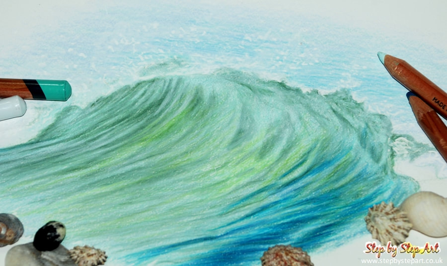 Aqua waves created in derwent lightfast coloured pencils
