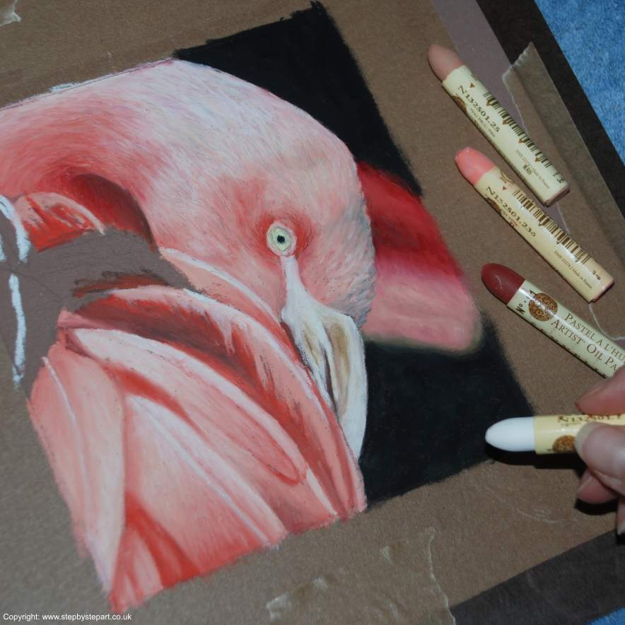 Pink flamingo created using Sennelier oil pastels