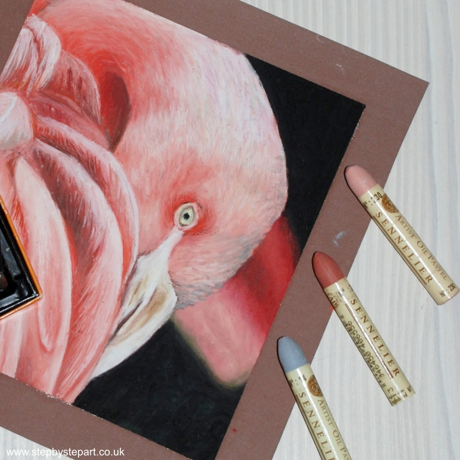 Pink Flamingo oil pastel painting using Sennelier oil pastels on Pastelmat