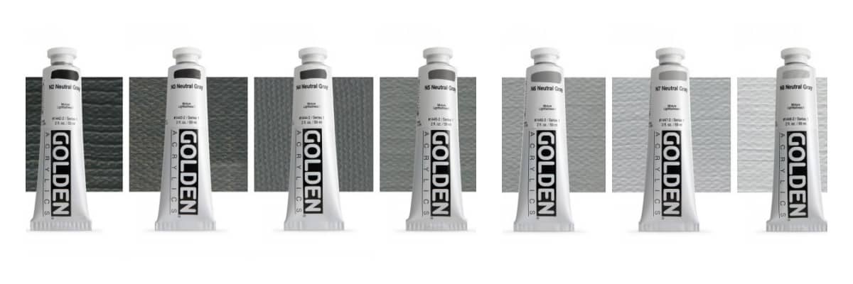GOLDEN Heavy Body acrylics Neutral greys N8, N7, N6, N5, N4, N3, N2