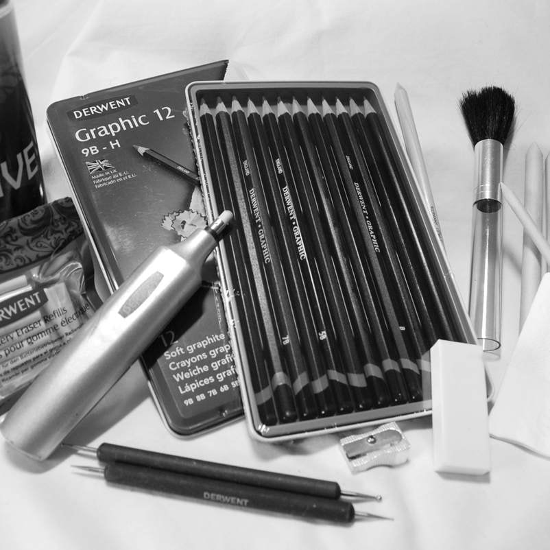Graphite pencil products - erasers, Derwent graphite pencils, brush, blenders, indent tool and sharpener