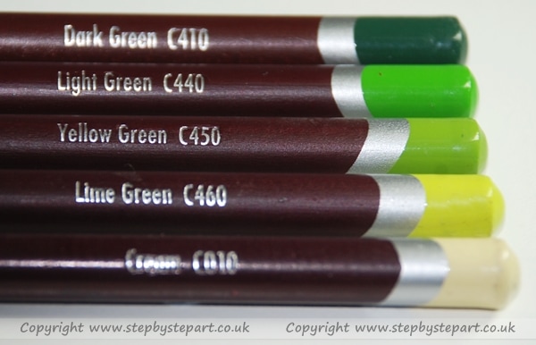 Derwent Coloursoft pencils Dark Green, Light Green, Yellow Green, Lime Green and cream pencils