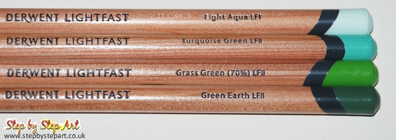 Derwent Lightfast greens; Green earth, Grass Green 70%, Turquoise green & Light Aqua