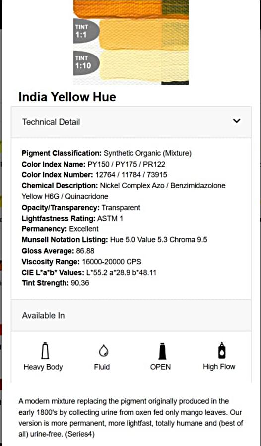 Indian Yellow Hue GOLDEN heavy body acrylic paint technical details
