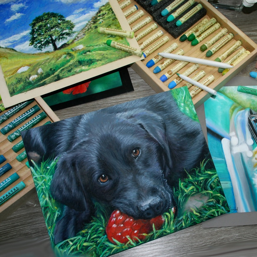 Black Labrador on Ampersand Pastelbord, Sycamore Gap on Fisher400 and Green Chevrolet and shoes on Dark grey Pastelmat - Oil pastel paintings using Caran d'Ache Neopastels and Sennelier oil pastels