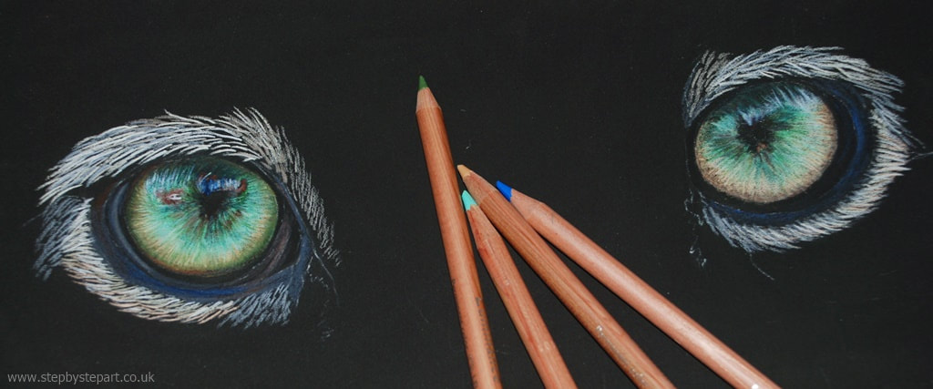 Snow Leopard eyes in coloured pencils - Caran dache Luminance pencils on Art Spectrum black Colourfix