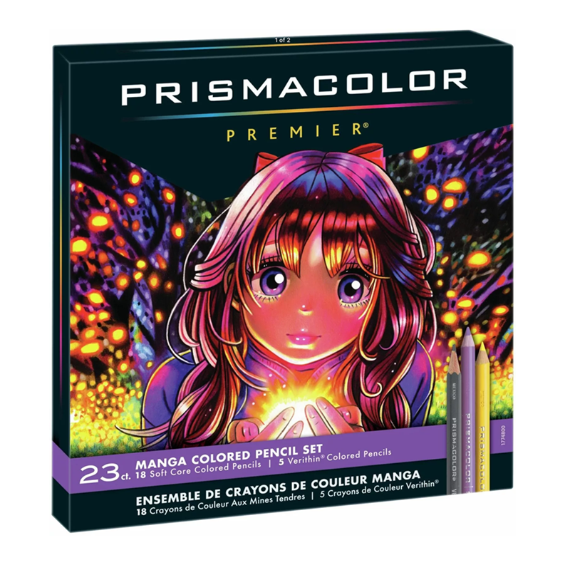 Prismacolor box of 23 colours for Magna artists includes Prismacolor Verithin pencils (Magna art girl cover design)
