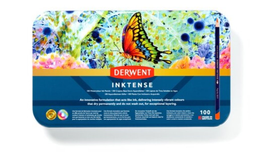 Derwent Inktense pencils front of tin of 100 colours
