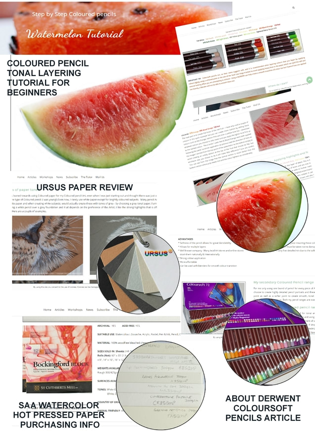 Watermelon coloured pencil tonal layering tutorial and art product articles ad