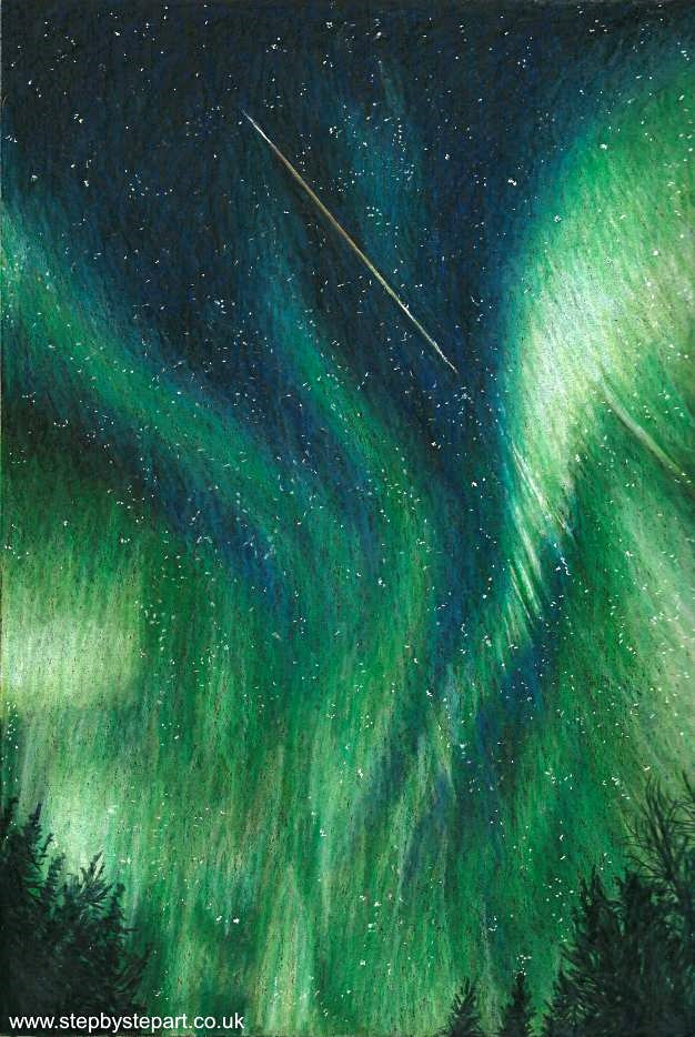 Northern Lights drawing created using Prismacolor premier coloured pencils on black paper