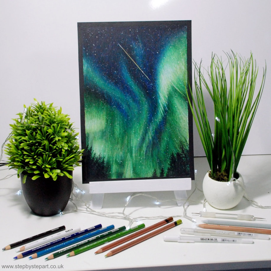 Northern Lights created in coloured pencils for an art tutorial using Prismacolor Premier pencils