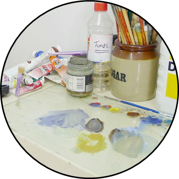 Oil paint products in Chris Chalk's Art studio