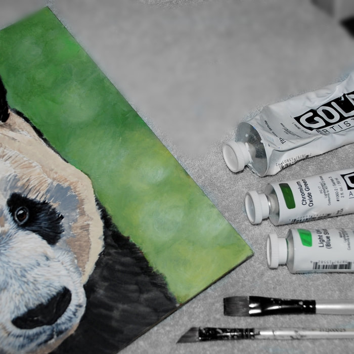 Giant Panda and green tonal background acrylic art with paintbrushes and GOLDEN acrylic paints