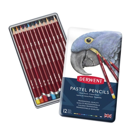 Derwent pastel pencils in a tin