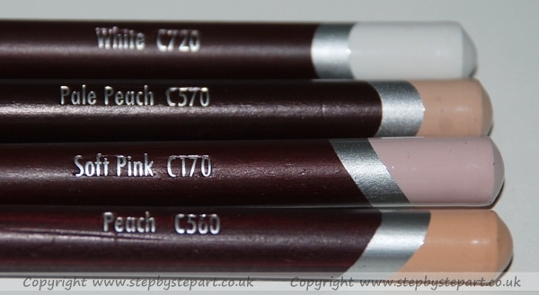 Derwent Coloursoft pencils White, Pale peach, Soft Pink, Peach