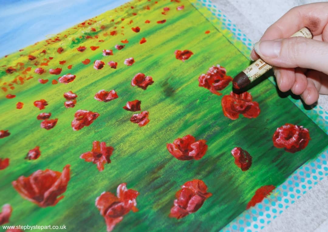 Applying contrasts to the Poppies using the Burnt Umber Sennelier oil pastel