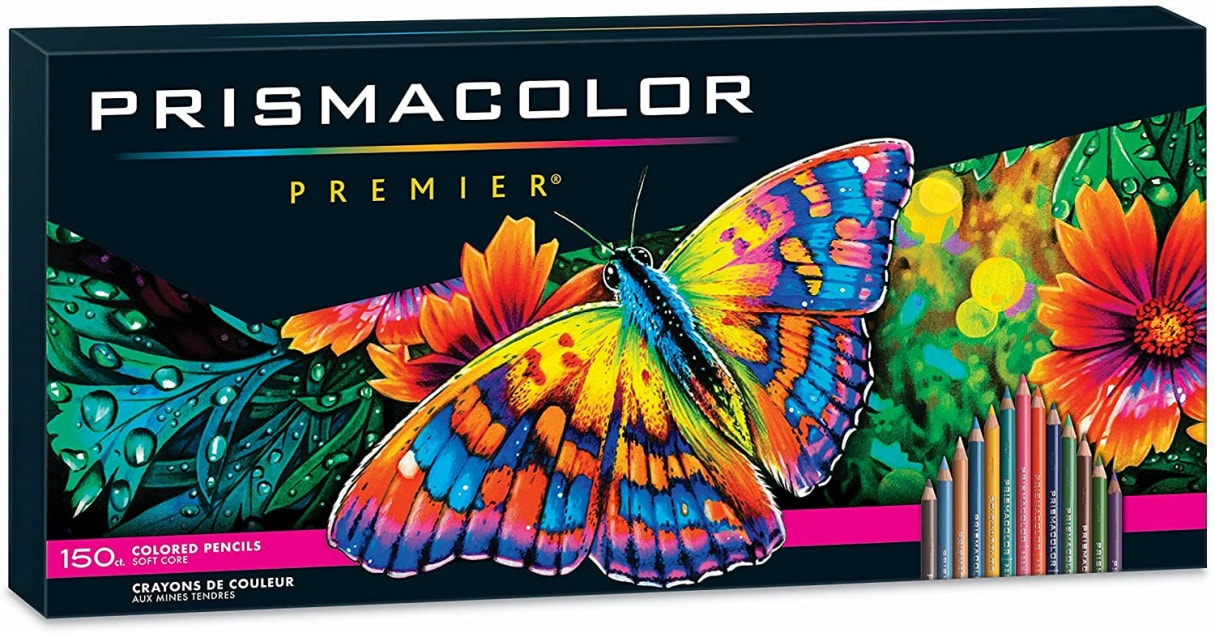 Front of box showing the Butterfly art of the Prismacolor Premier set of 150 colours